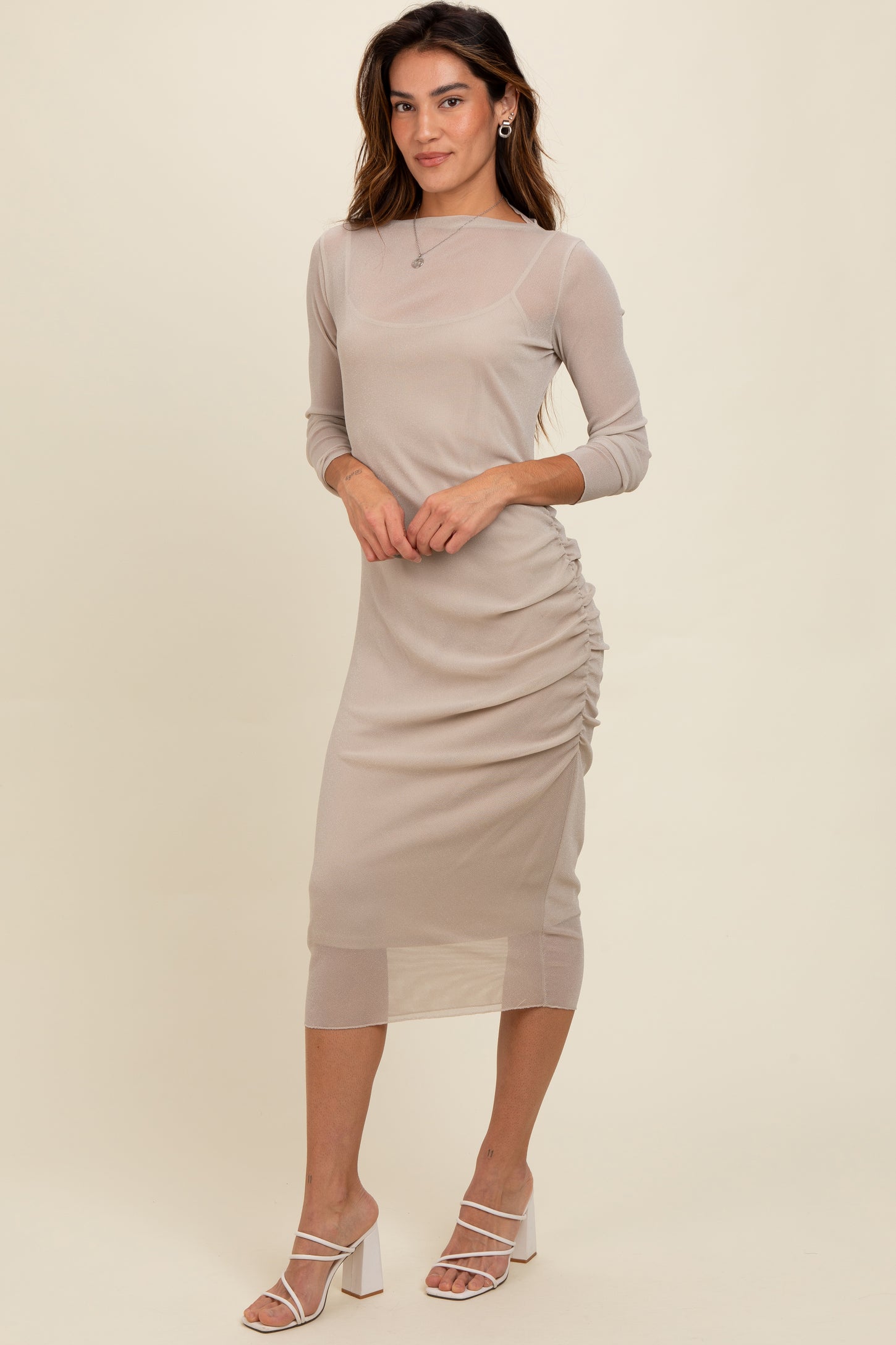 mesh long sleeve ruched dress Long-Sleeve Ruched Mesh Midi Dress