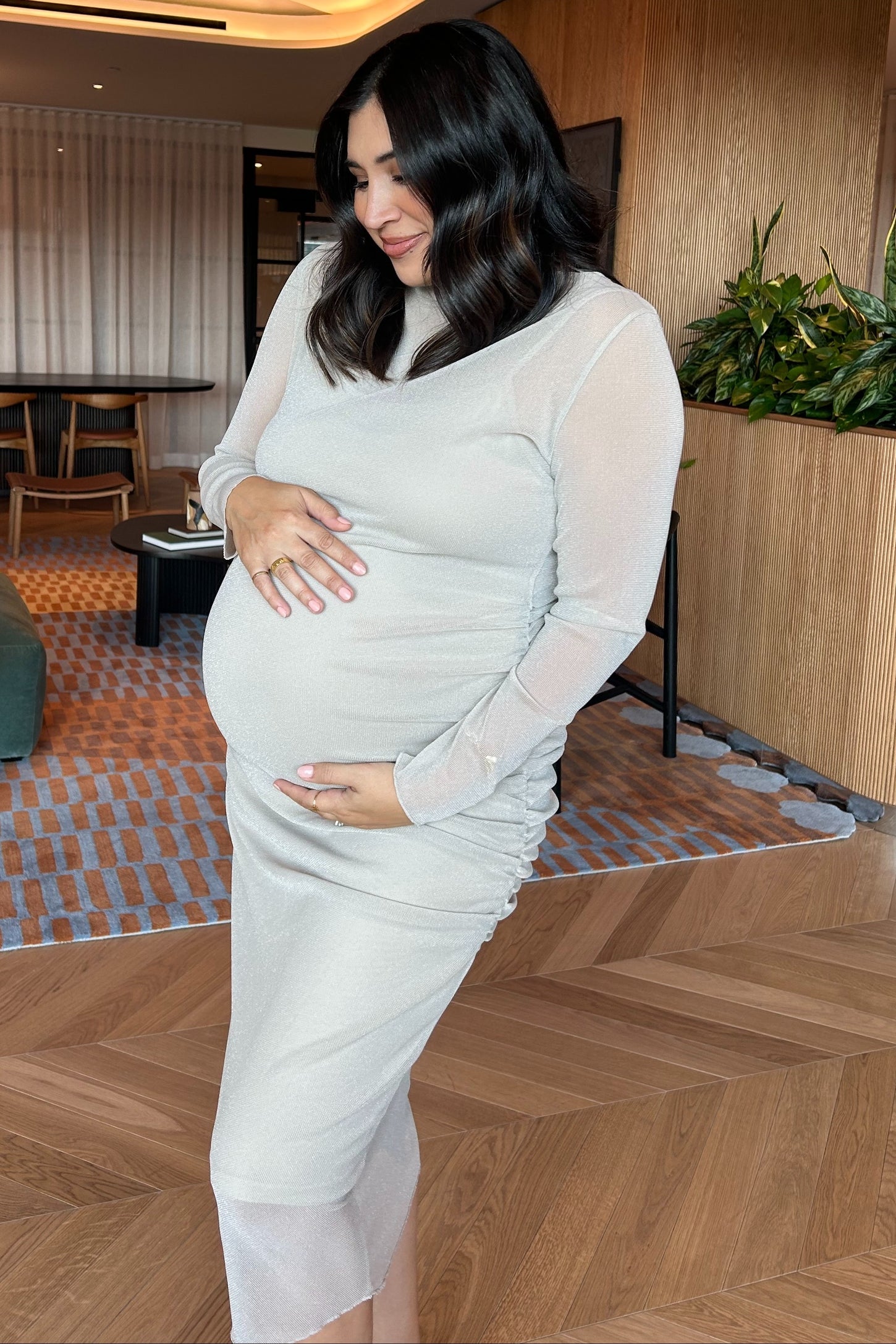 Beige Shimmer Mesh Long Sleeve Ruched Maternity Midi Dress PinkBlush Beige Shimmer Mesh Long Sleeve Ruched Maternity Midi Dress PinkBlush