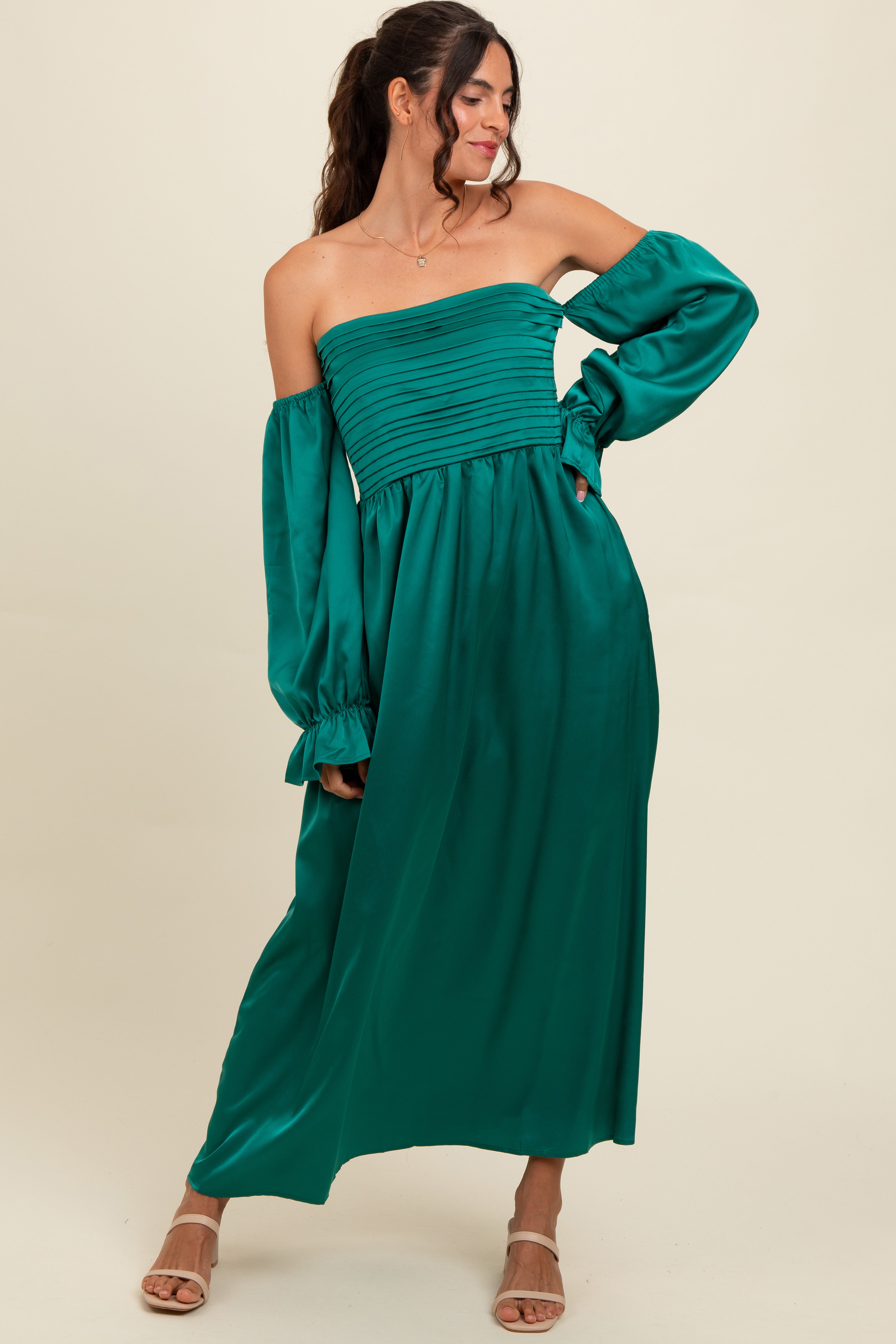 Emerald Green Off Shoulder Satin Pleated Bodice Maxi Dress – PinkBlush
