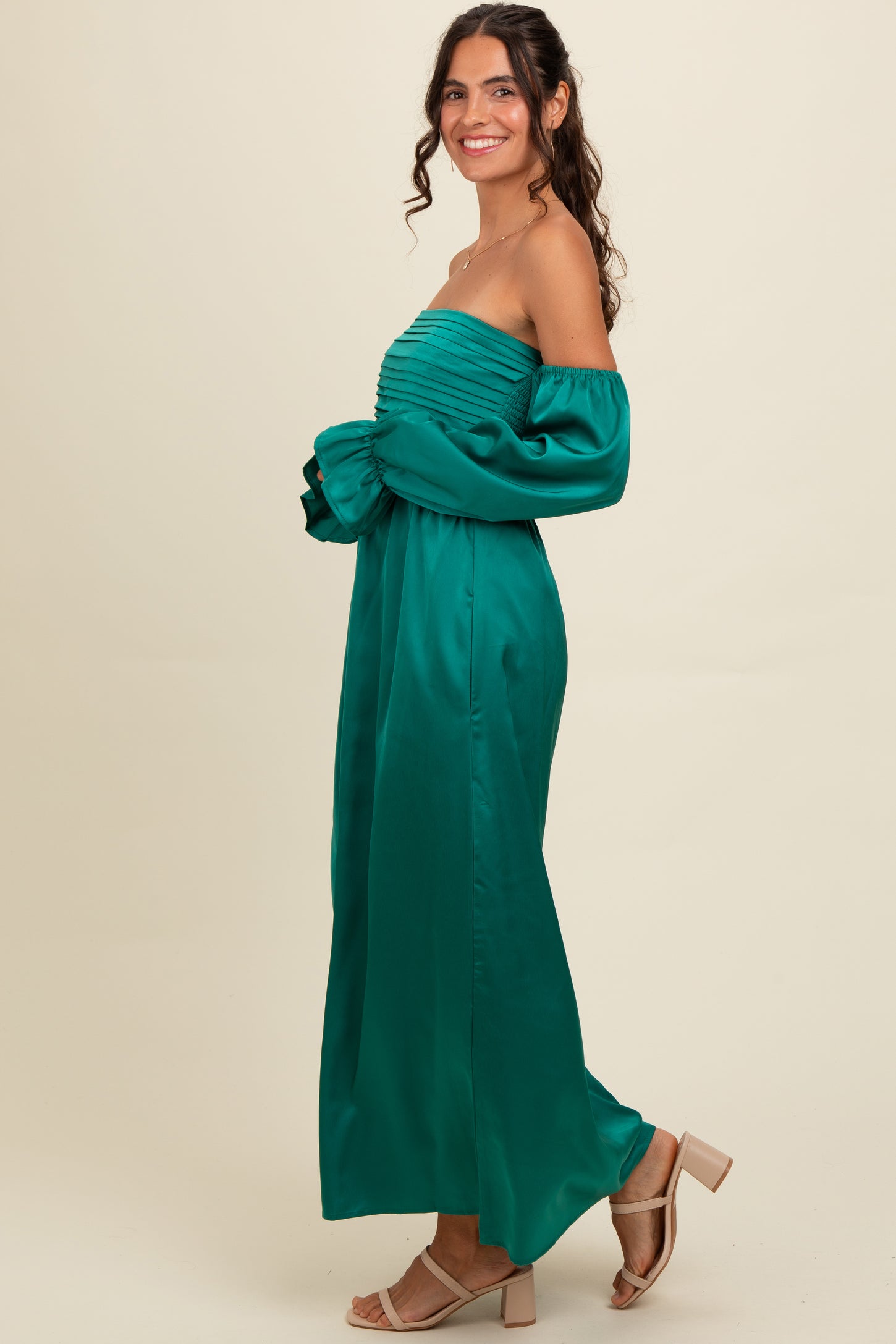 Emerald Green Off Shoulder Satin Pleated Bodice Maxi Dress Emerald Green Off Shoulder Satin Pleated Bodice Maxi Dress