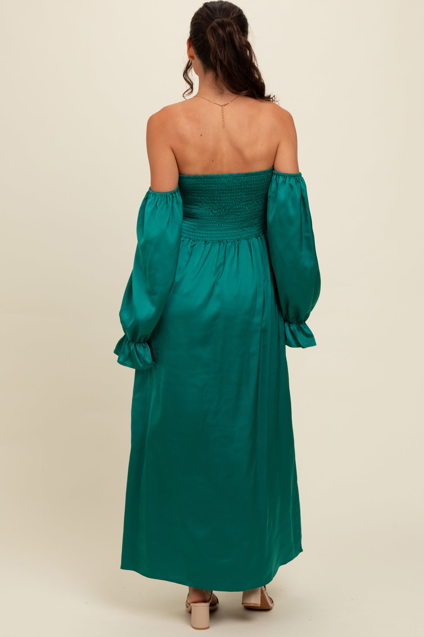 Emerald Green Off Shoulder Satin Pleated Bodice Maxi Dress PinkBlush Emerald Green Off Shoulder Satin Pleated Bodice Maxi Dress PinkBlush