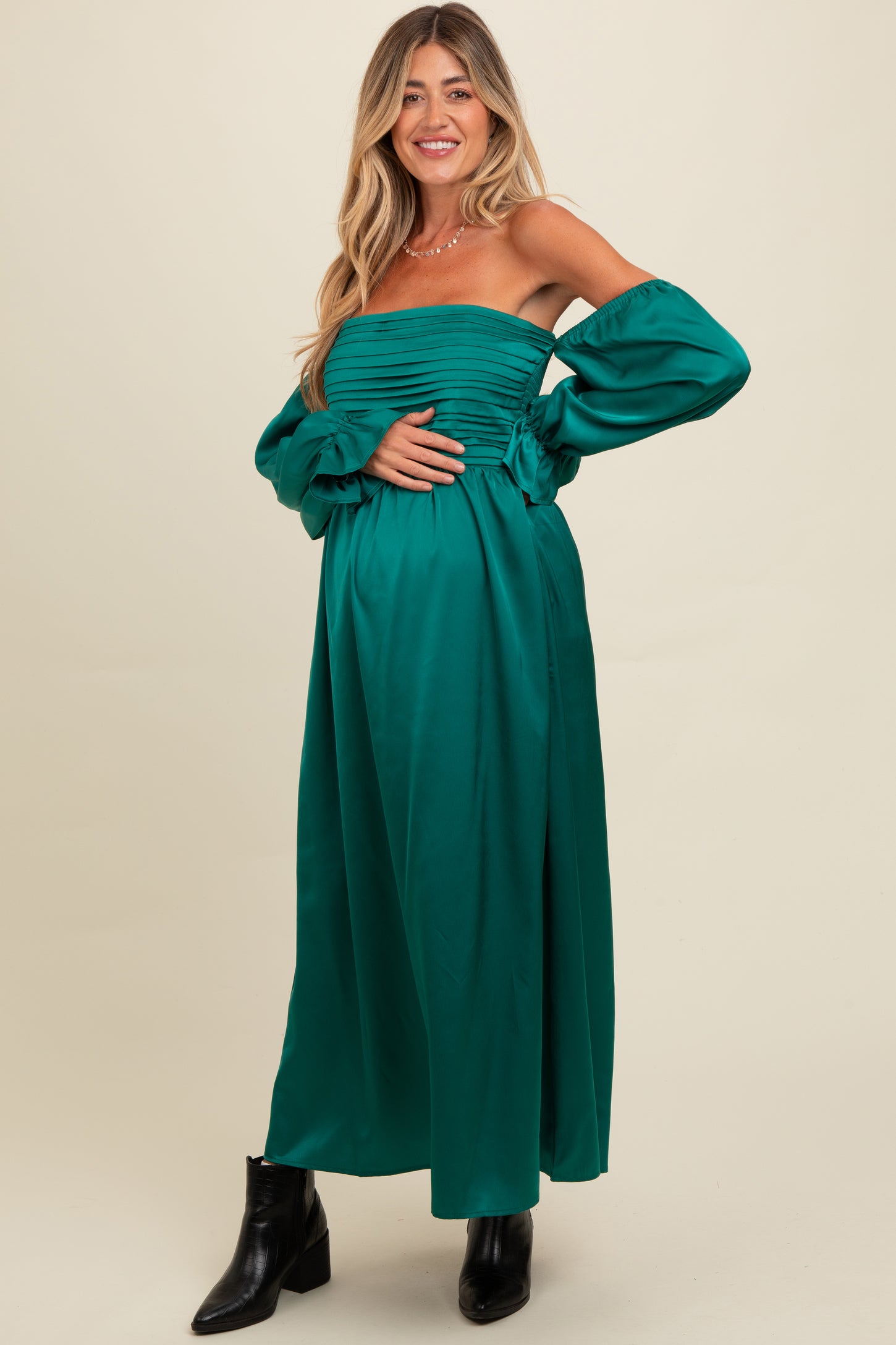 Emerald Green Off Shoulder Satin Pleated Bodice Maternity Maxi Dress Emerald Green Off Shoulder Satin Pleated Bodice Maternity Maxi Dress