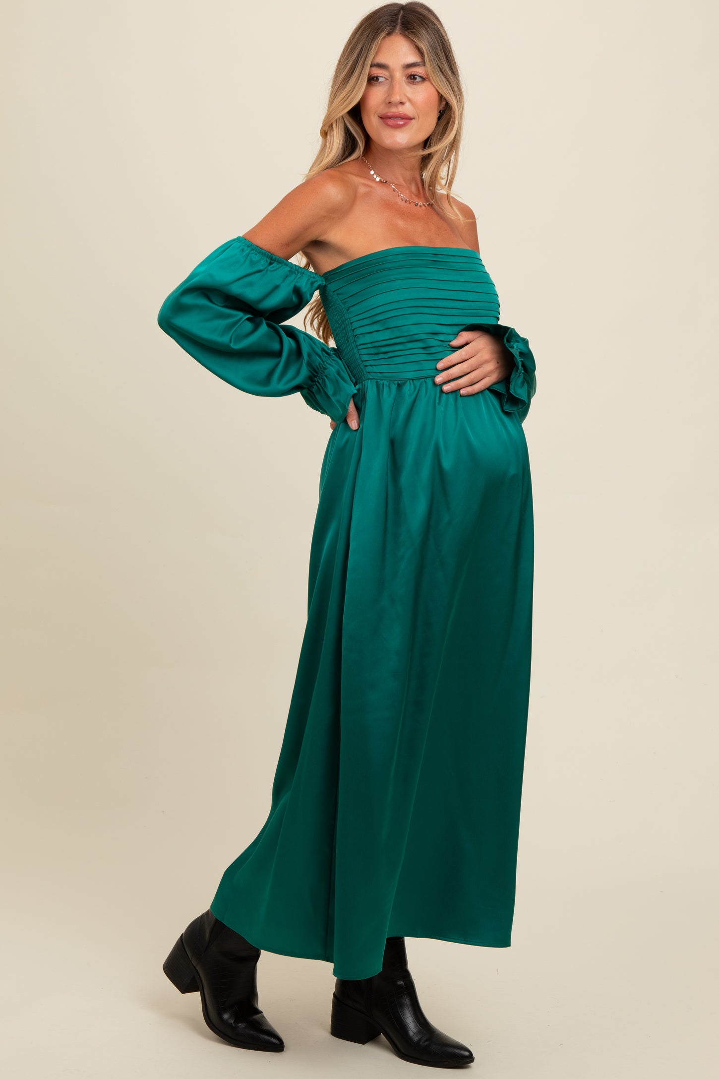 Emerald Green Off Shoulder Satin Pleated Bodice Maternity Maxi Dress Emerald Green Off Shoulder Satin Pleated Bodice Maternity Maxi Dress