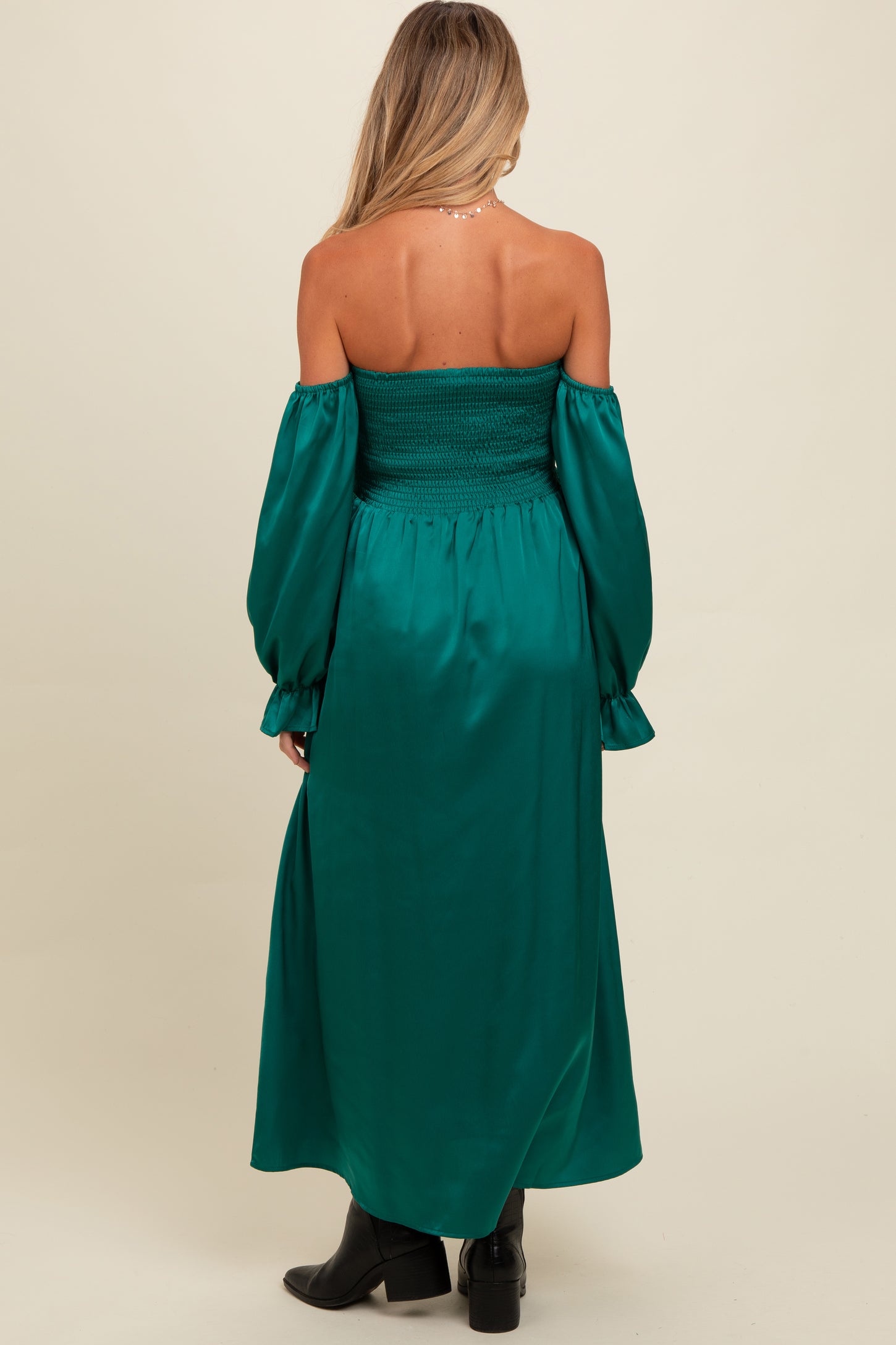 Emerald Green Off Shoulder Satin Pleated Bodice Maternity Maxi Dress Emerald Green Off Shoulder Satin Pleated Bodice Maternity Maxi Dress
