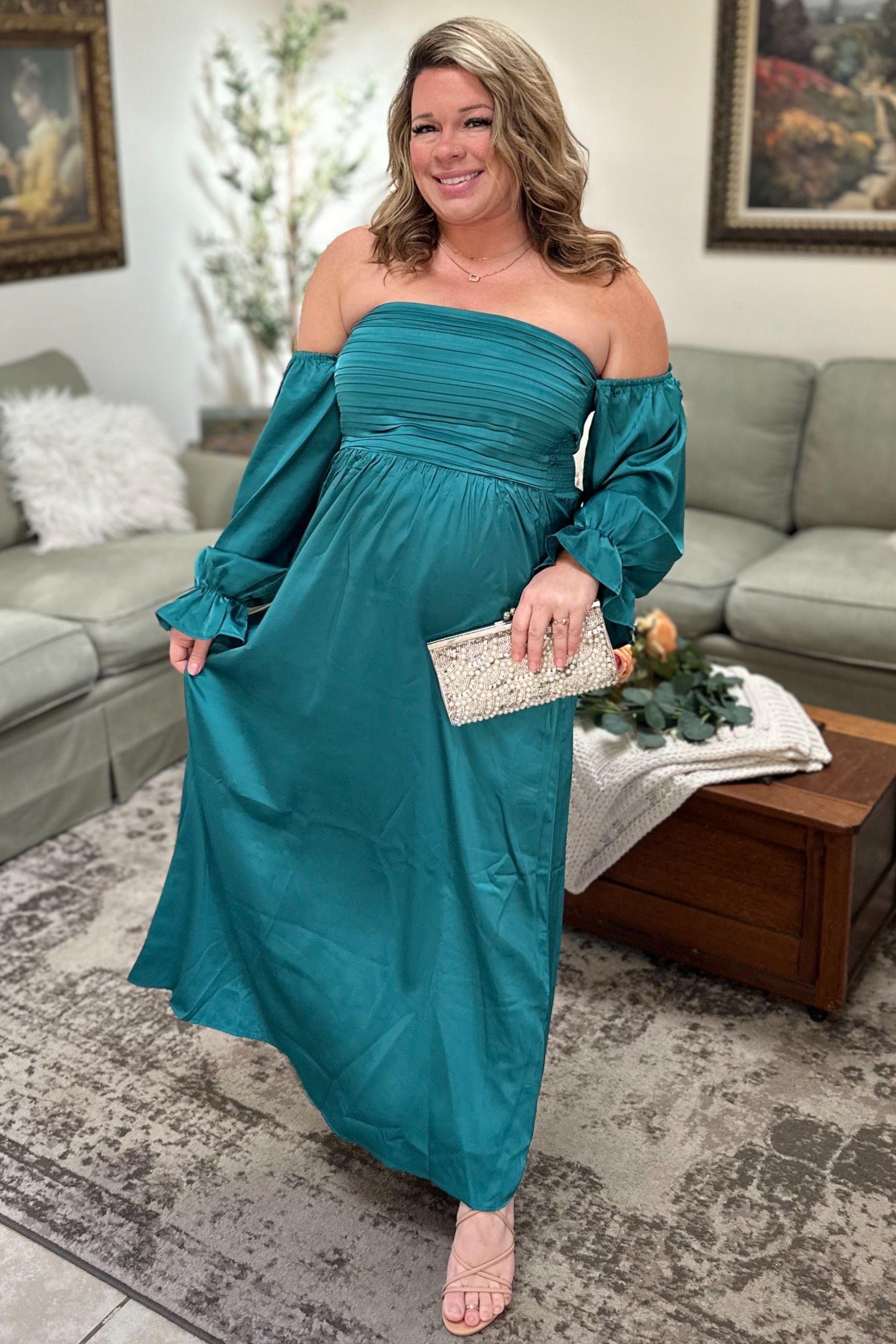 Emerald Green Off Shoulder Satin Pleated Bodice Maxi Dress – PinkBlush