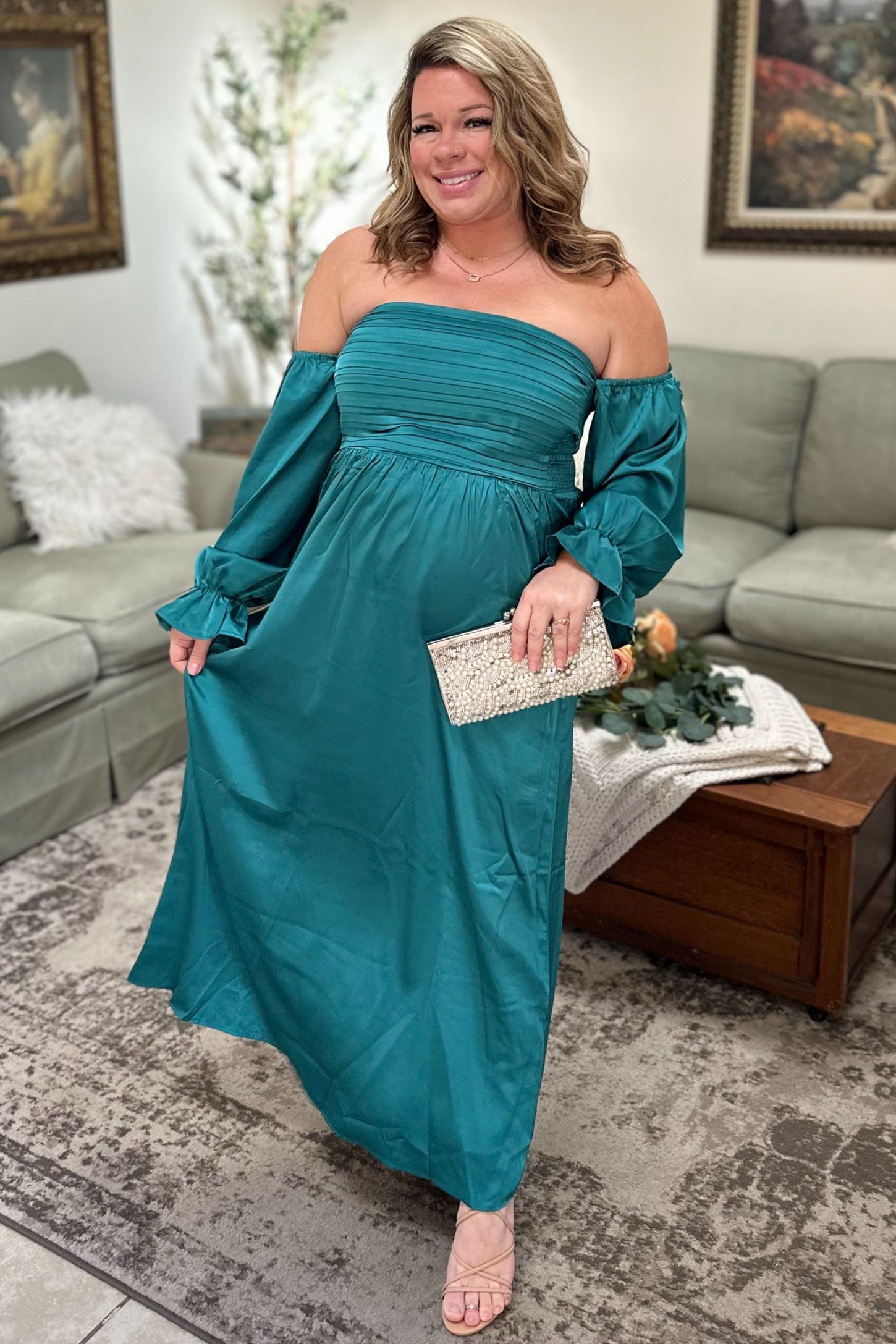 Emerald Green Off Shoulder Satin Pleated Bodice Maxi Dress