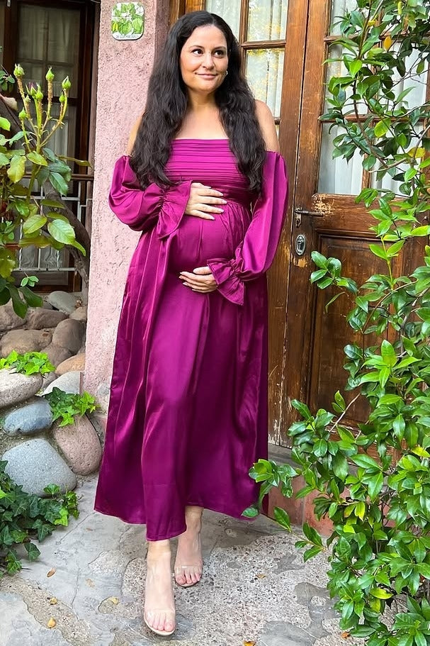 Burgundy Off Shoulder Satin Pleated Bodice Maternity Maxi Dress Burgundy Off Shoulder Satin Pleated Bodice Maternity Maxi Dress