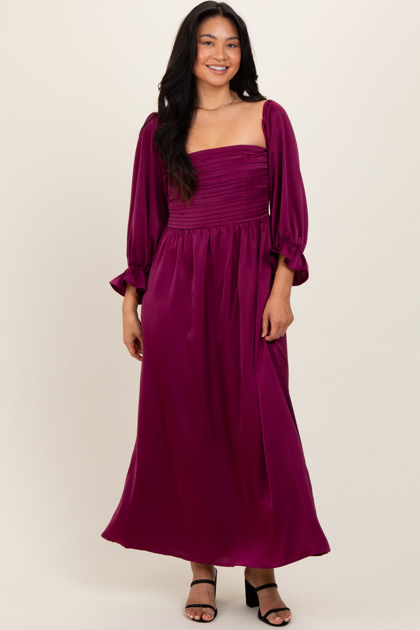 Burgundy Off Shoulder Satin Pleated Bodice Maxi Dress