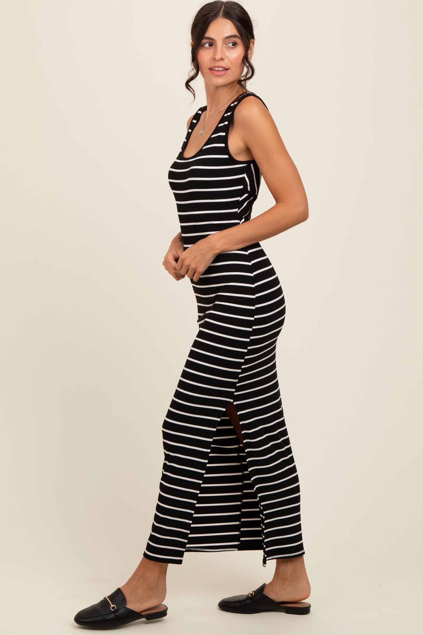 Black Striped Ribbed Open Back Maxi Dress