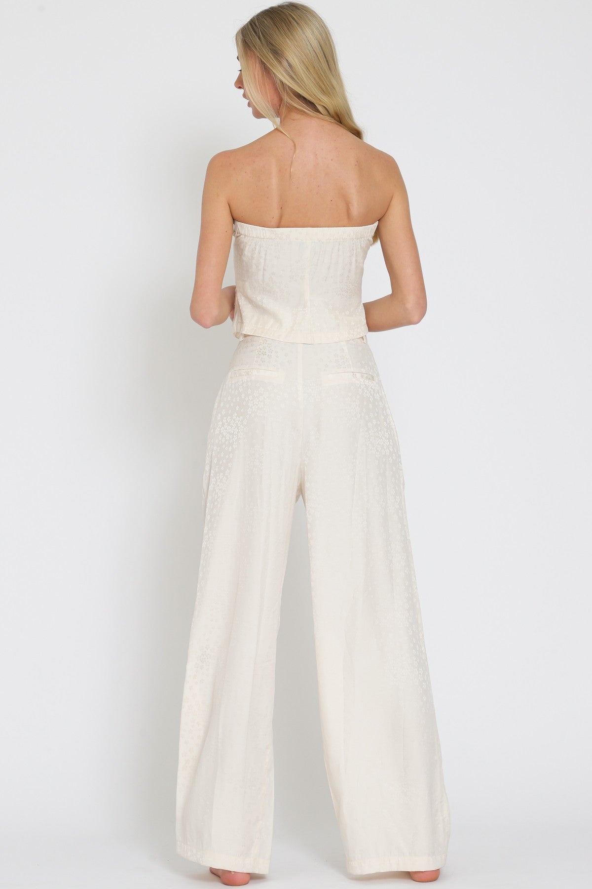 Ivory Beige Tube Vest And High Waisted Satin Long Pants Set