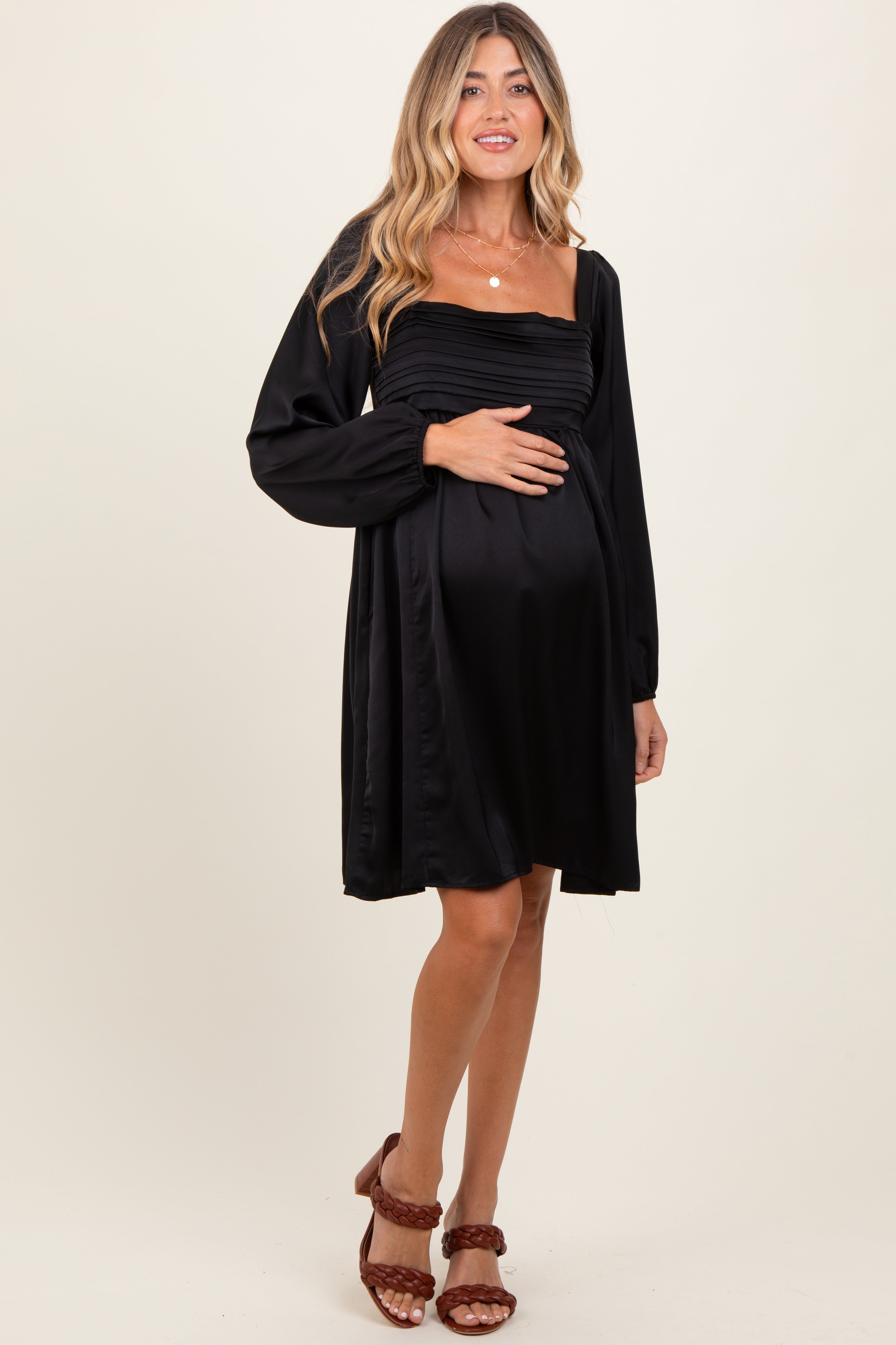 black satin maternity dress Black Satin Pleated V-Neck Maternity Maxi Dress