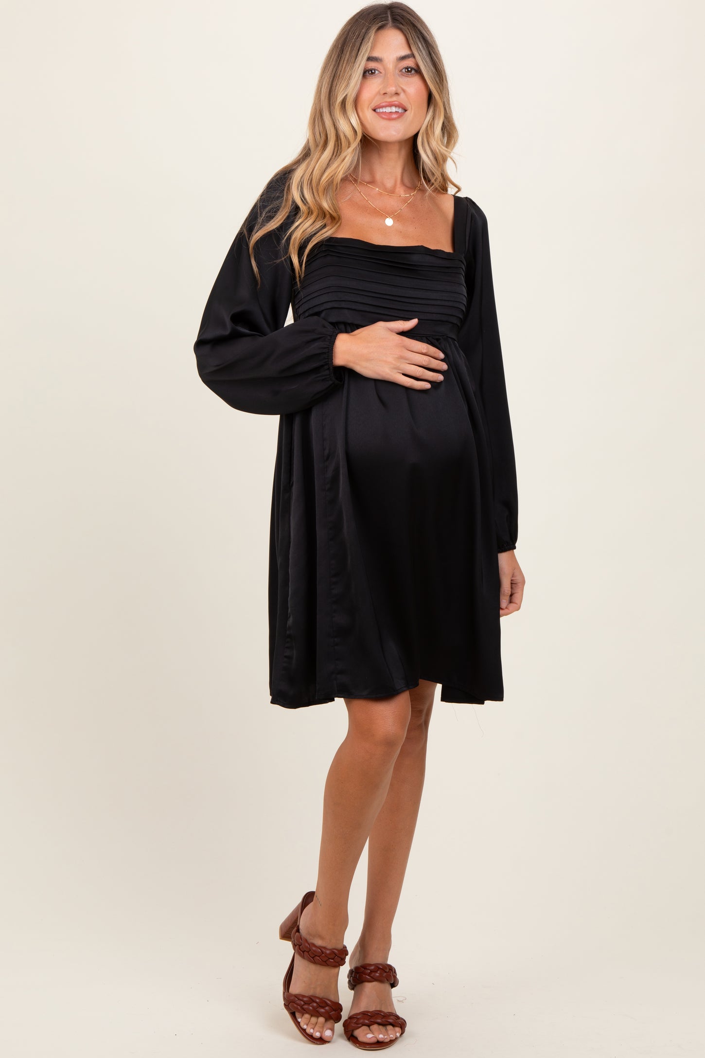 Black Satin Pleated Detail Bodice Maternity Dress PinkBlush Black Satin Pleated Detail Bodice Maternity Dress PinkBlush