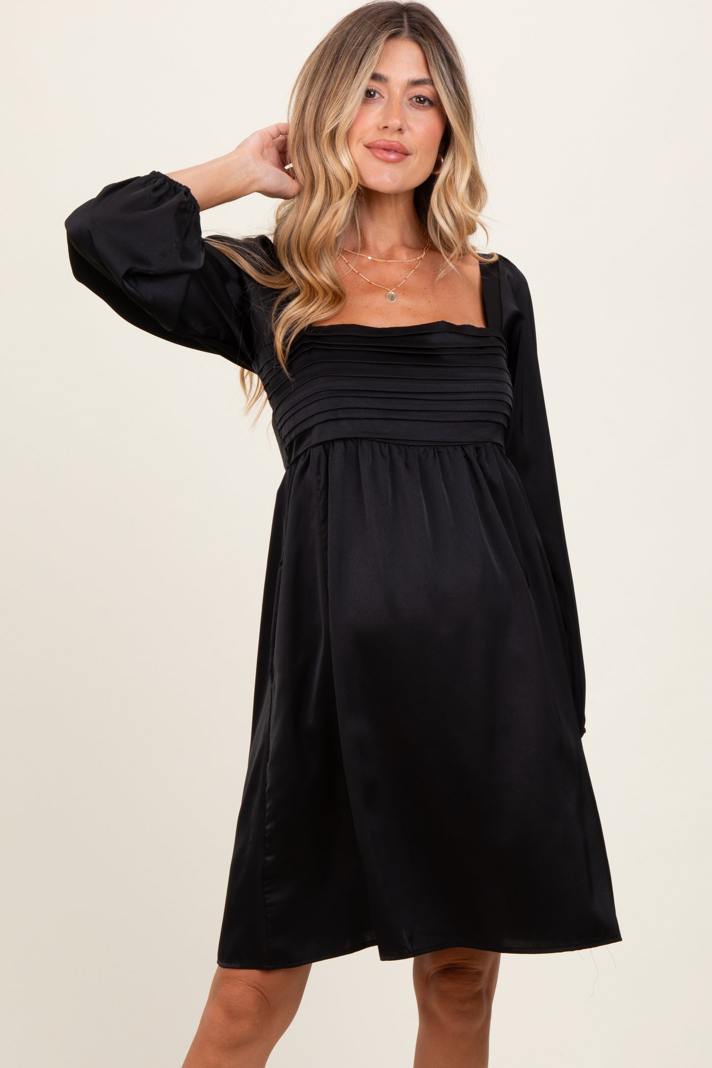 Black Satin Pleated Detail Bodice Maternity Dress Black Satin Pleated Detail Bodice Maternity Dress