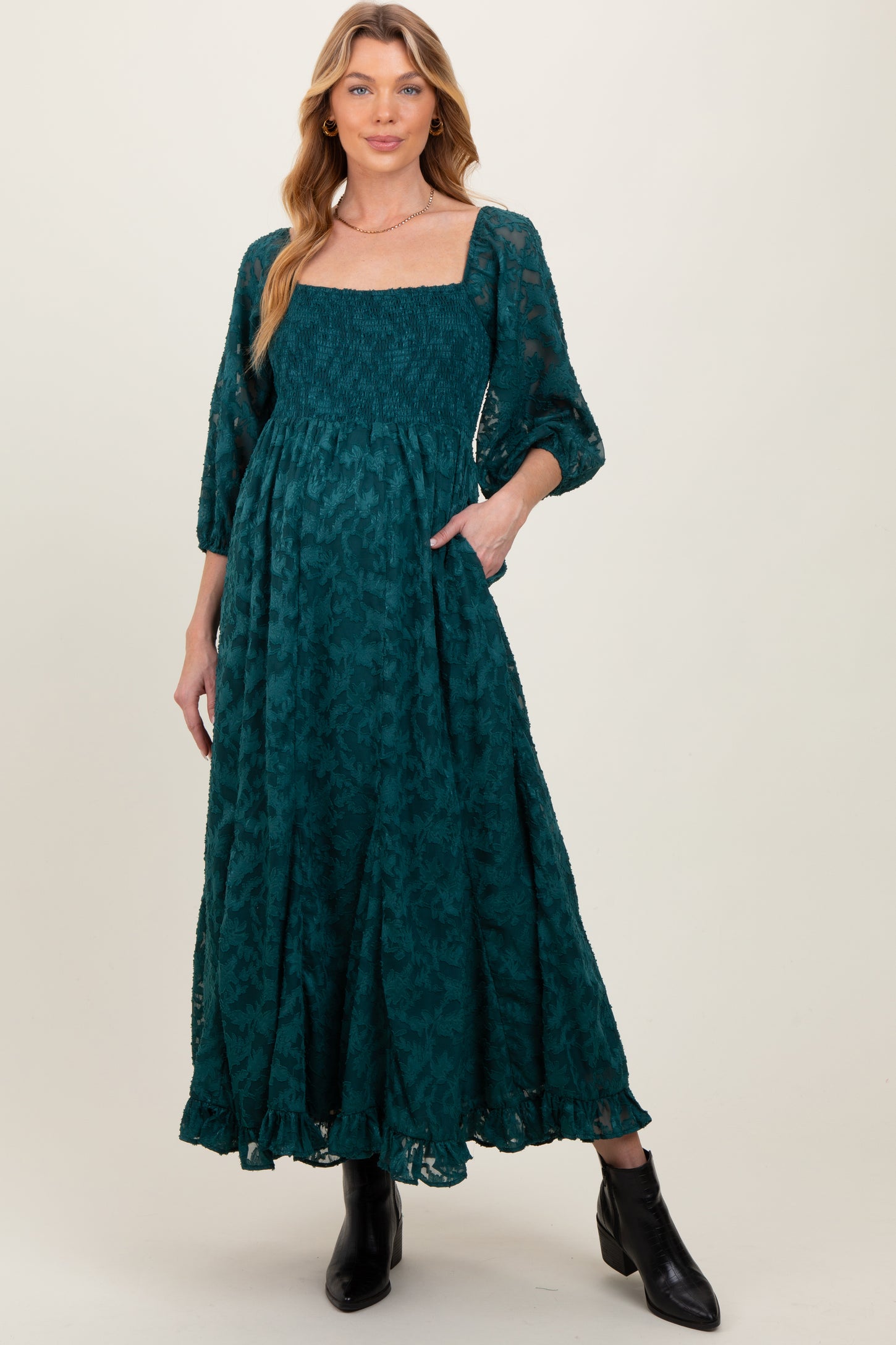 Forest Green Textured Overlay Smocked Ruffled Hem Maternity Maxi Dress –  PinkBlush