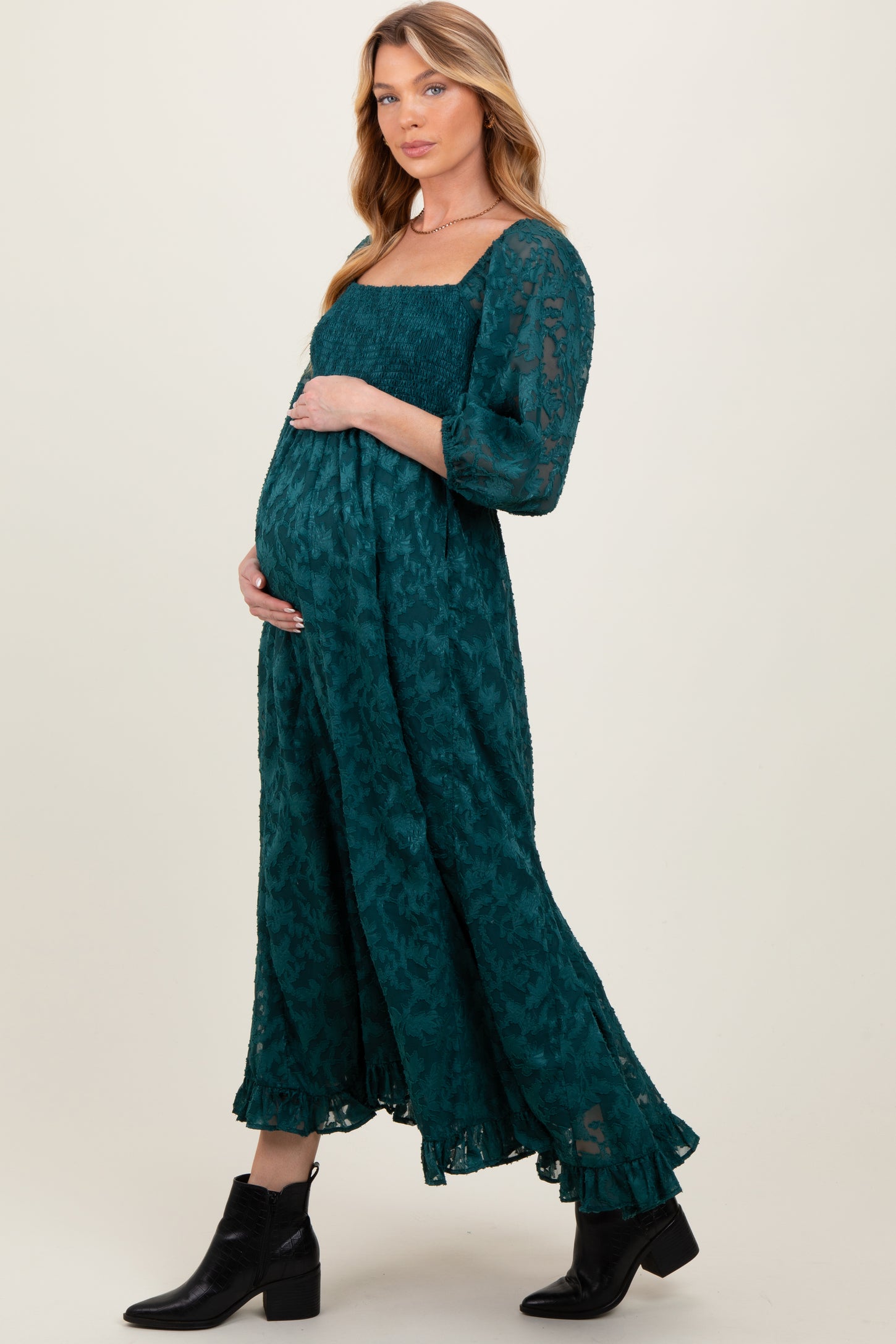 fitted lace wedding dress Forest Green Textured Overlay Smocked Ruffled Hem Maternity Maxi Dress –  PinkBlush