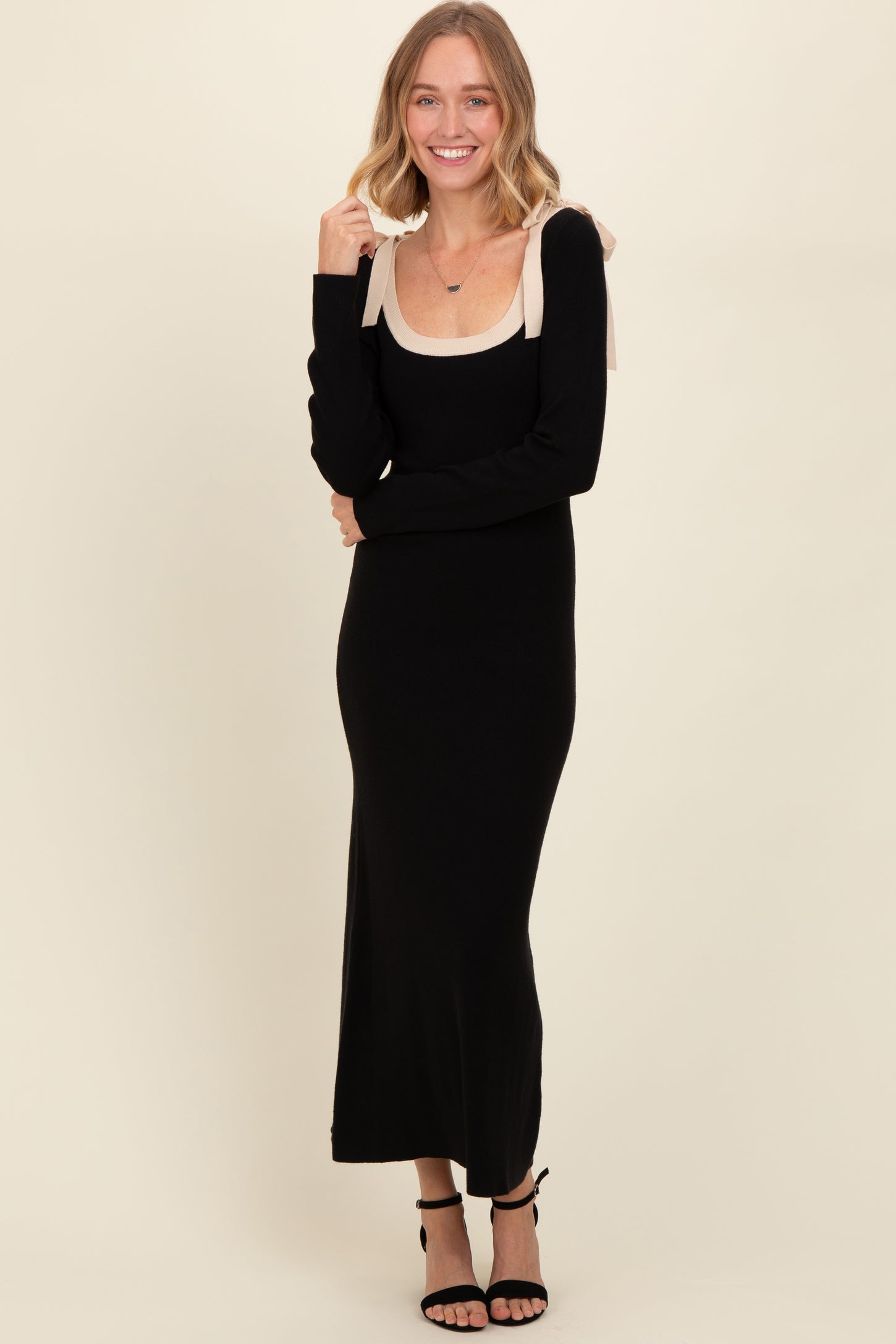 Black Shoulder Bow Detail Maxi Sweater Dress Black Shoulder Bow Detail Maxi Sweater Dress
