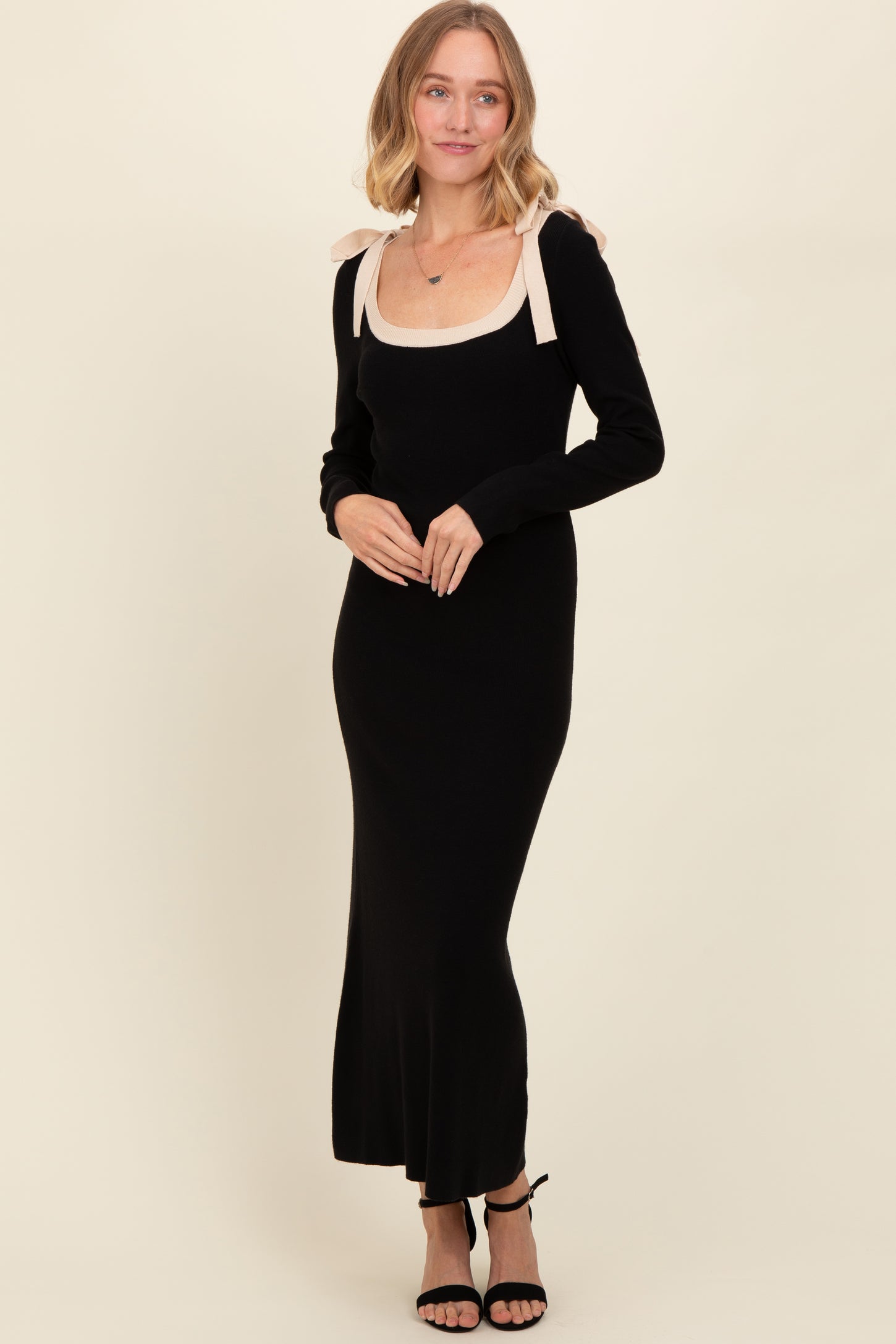 Black Shoulder Bow Detail Maxi Sweater Dress Black Shoulder Bow Detail Maxi Sweater Dress