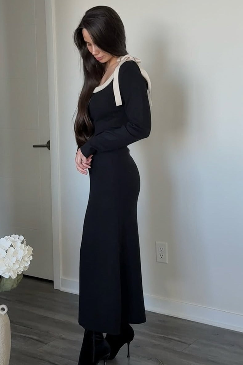 Black Shoulder Bow Detail Maxi Sweater Dress – PinkBlush