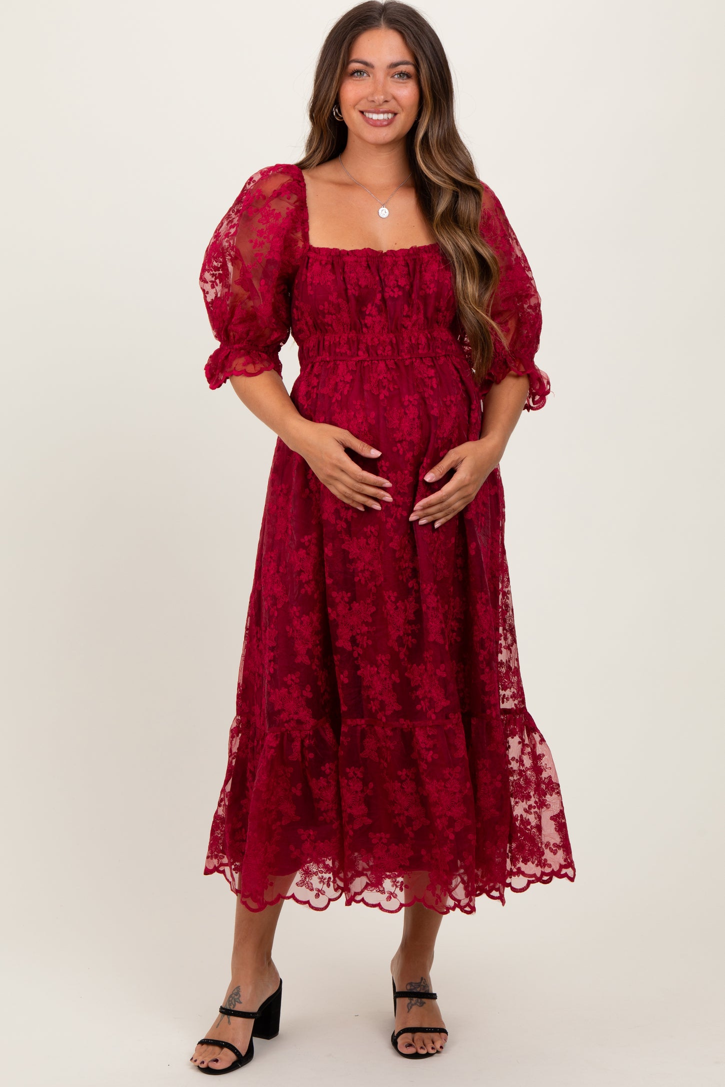 Burgundy Floral Mesh Lace Overlay Maternity Maxi Dress PinkBlush Burgundy Floral Mesh Lace Overlay Maternity Maxi Dress PinkBlush