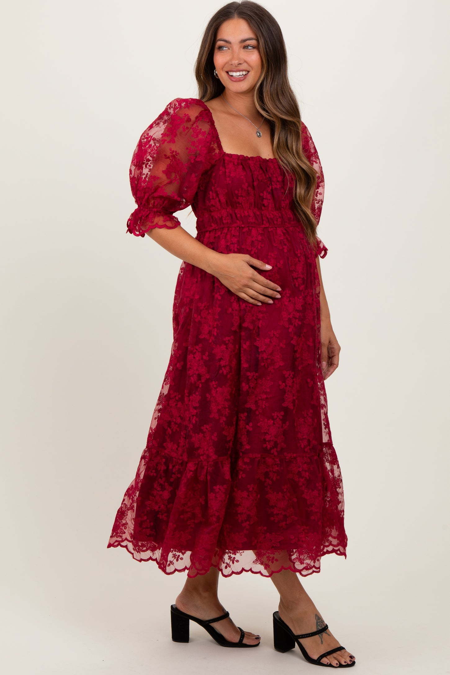 maroon lace maternity dress Burgundy Swiss Dot Crochet Lace Accent Maternity Maxi Dress