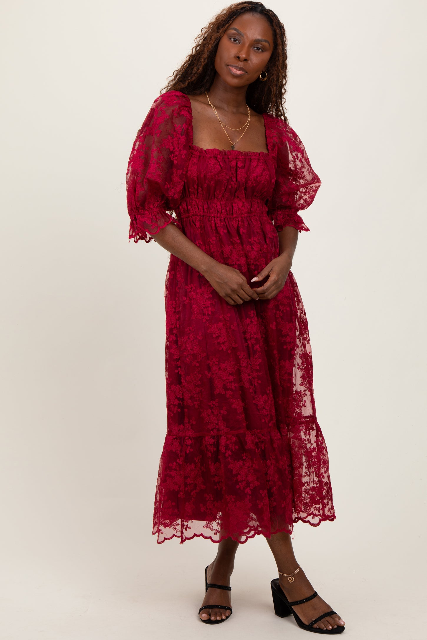 Burgundy Floral Mesh Lace Overlay Maxi Dress Burgundy Floral Mesh Lace Overlay Maxi Dress