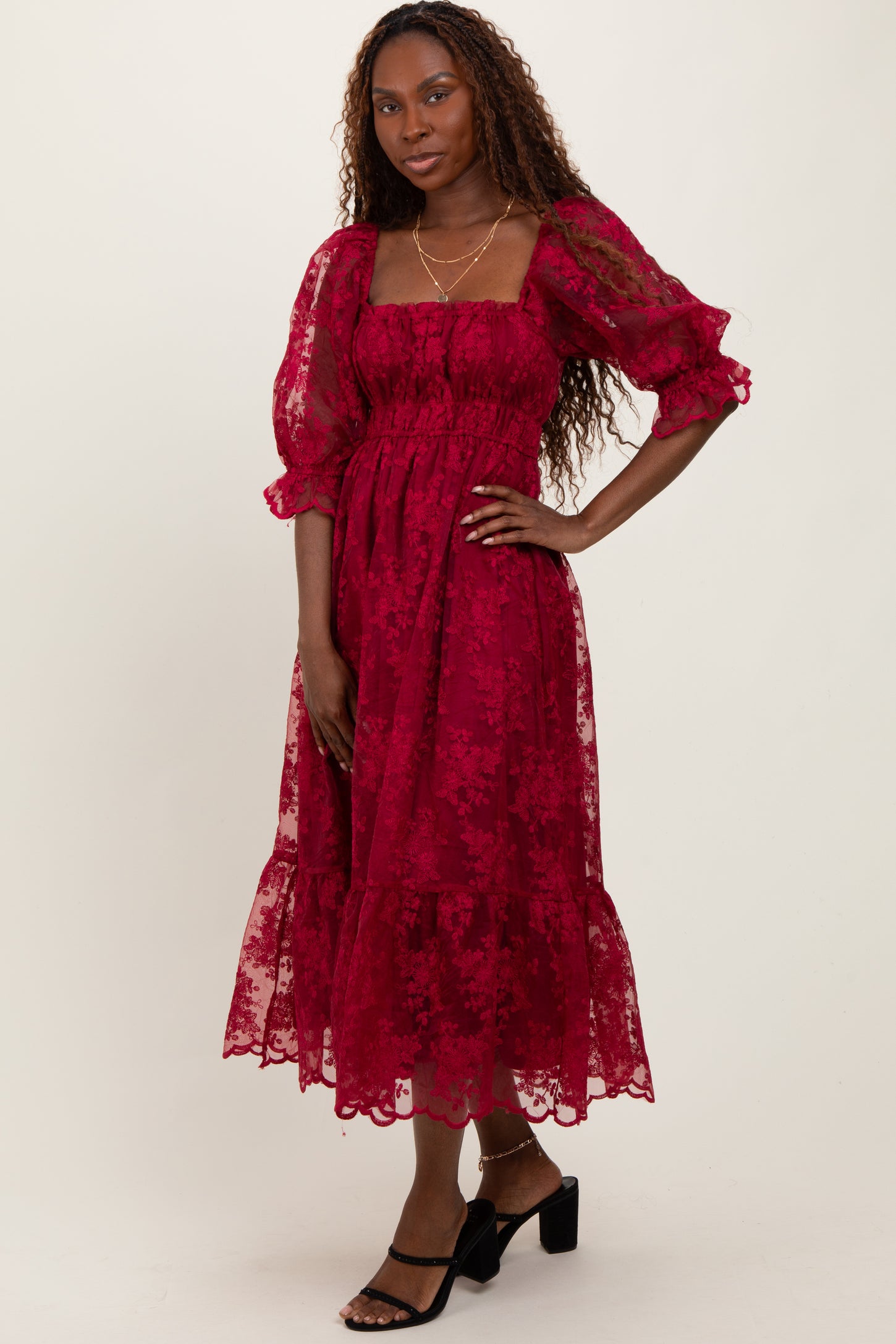 Burgundy Floral Mesh Lace Overlay Maxi Dress Burgundy Floral Mesh Lace Overlay Maxi Dress