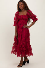 Burgundy Floral Mesh Lace Overlay Maxi Dress