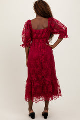 Burgundy Floral Mesh Lace Overlay Maxi Dress