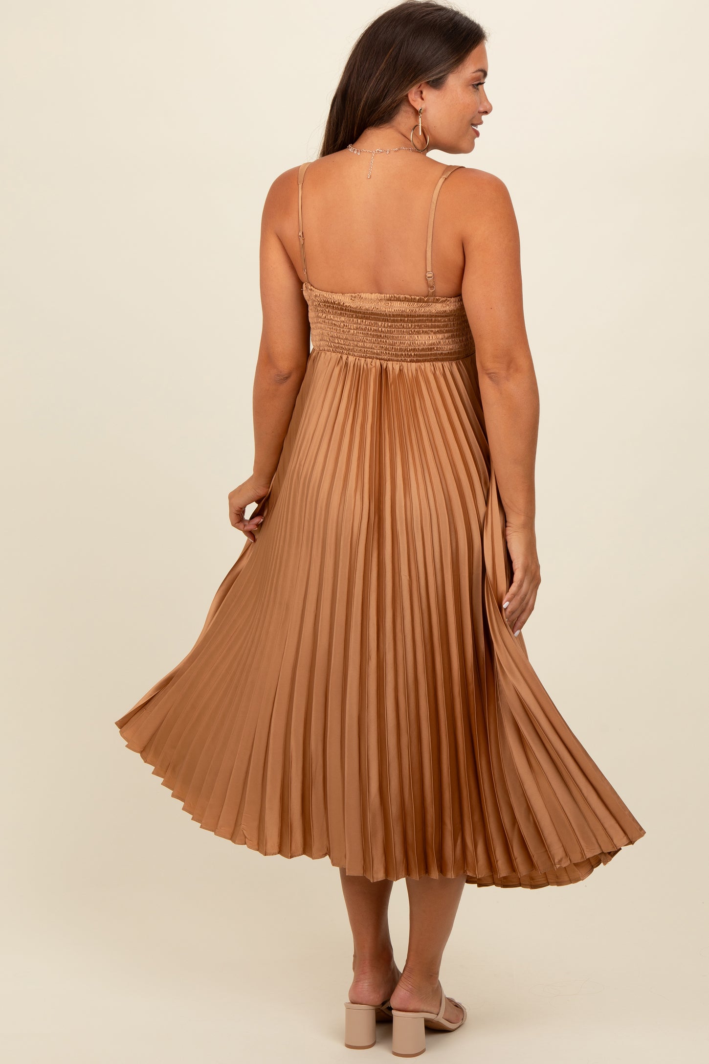 Gold Satin Pleated Sweetheart Maternity Midi Dress PinkBlush Gold Satin Pleated Sweetheart Maternity Midi Dress PinkBlush