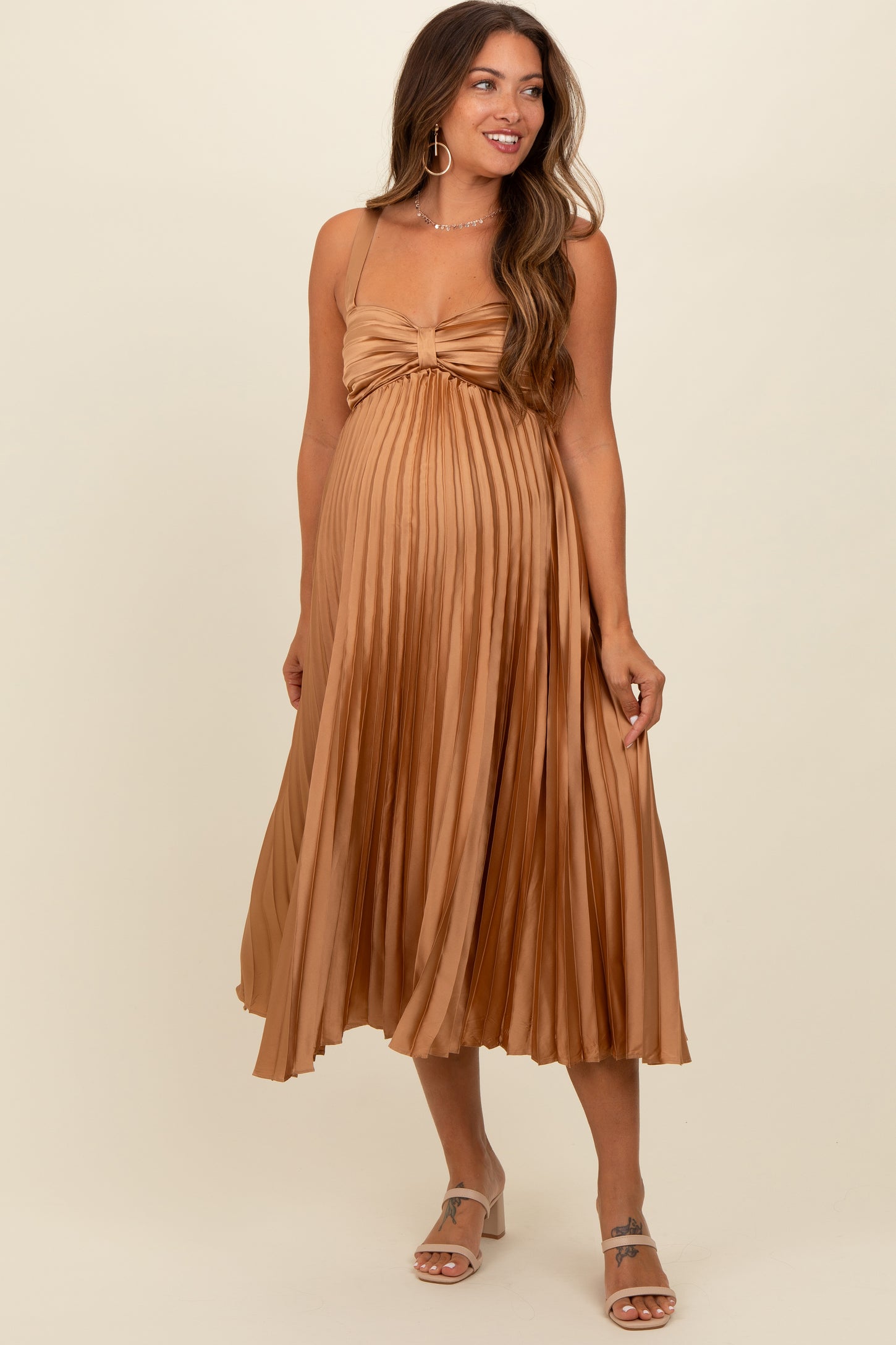 Gold Satin Pleated Sweetheart Maternity Midi Dress PinkBlush Gold Satin Pleated Sweetheart Maternity Midi Dress PinkBlush