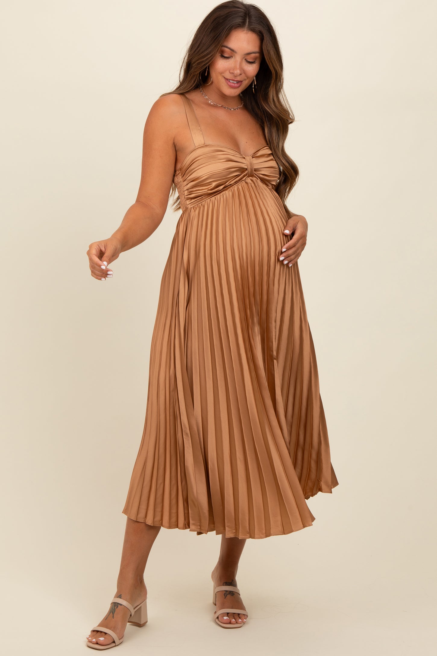 Gold Satin Pleated Sweetheart Maternity Midi Dress Gold Satin Pleated Sweetheart Maternity Midi Dress
