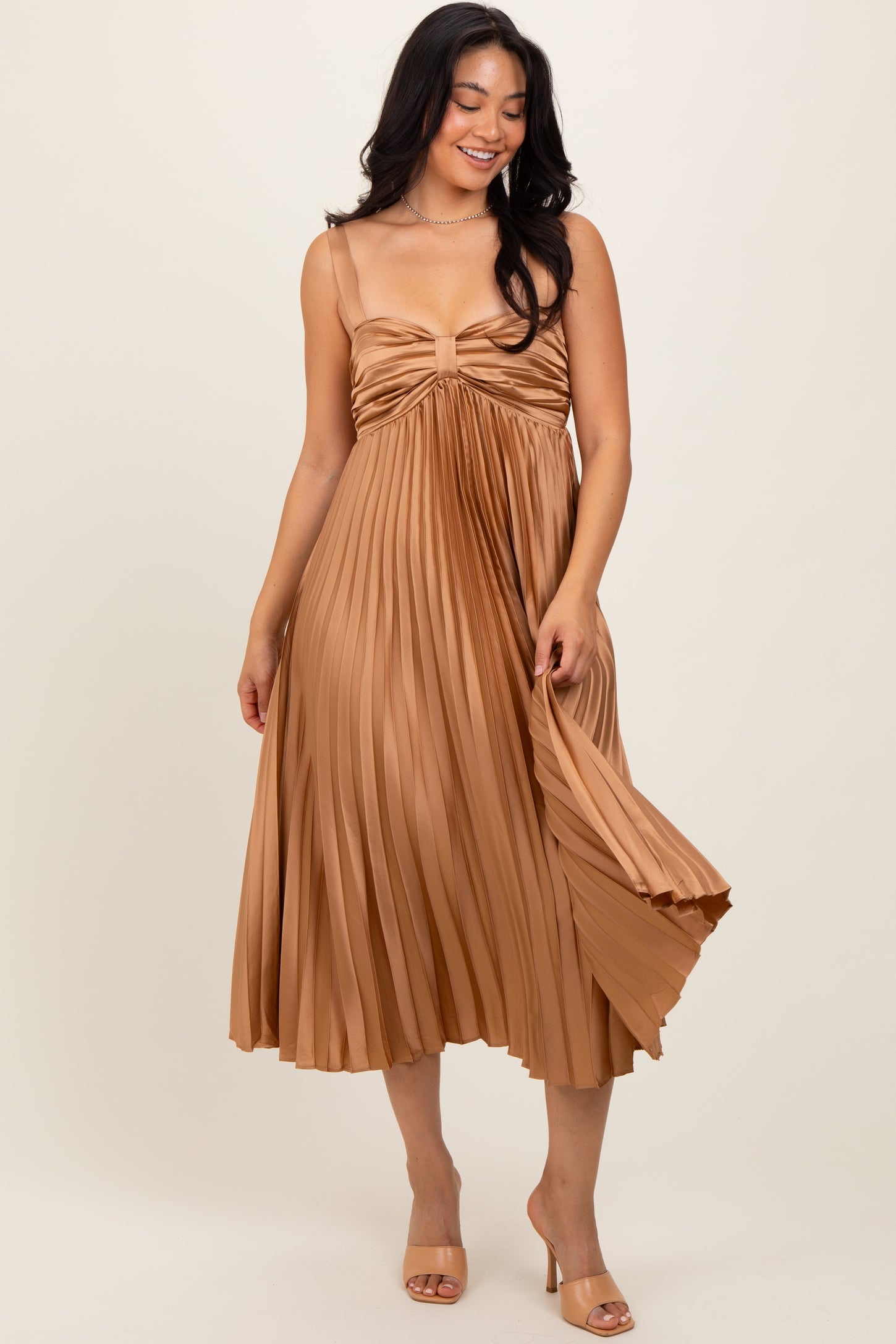 Gold Satin Pleated Sweetheart Maternity Midi Dress PinkBlush Gold Satin Pleated Sweetheart Maternity Midi Dress PinkBlush