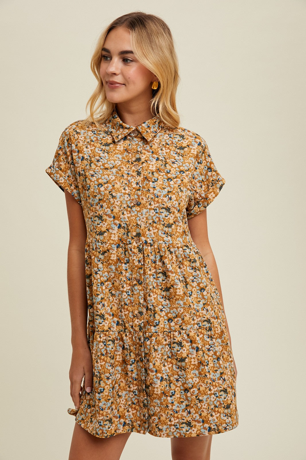 Mustard Combo Floral Corduroy Tiered Mini Dress – PinkBlush - Main Image
