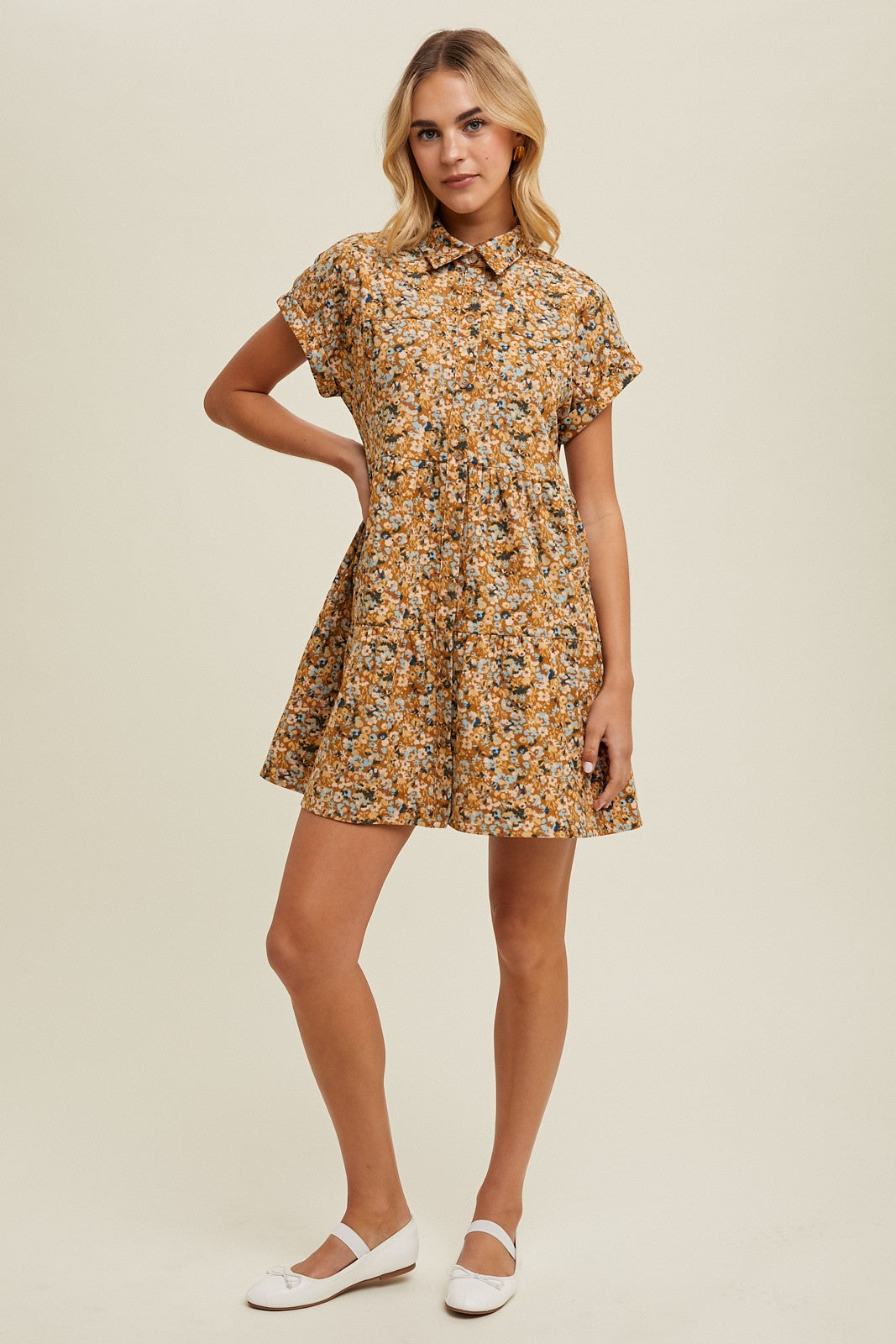 corduroy tiered mini dress Natural Combo Floral Corduroy Tiered Mini Dress