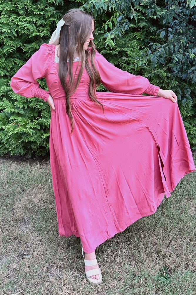 Desert Rose Ruched Bodice Square Neck Maxi Dress