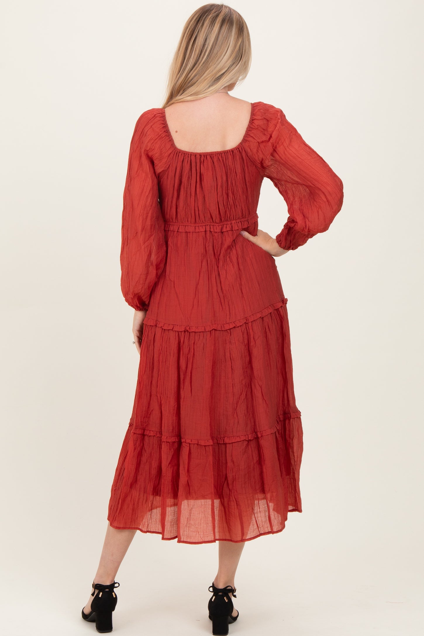 Rust Ruffle Accent Tiered Long Sleeve Maxi Dress
