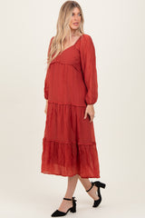 Rust Ruffle Accent Tiered Long Sleeve Maxi Dress