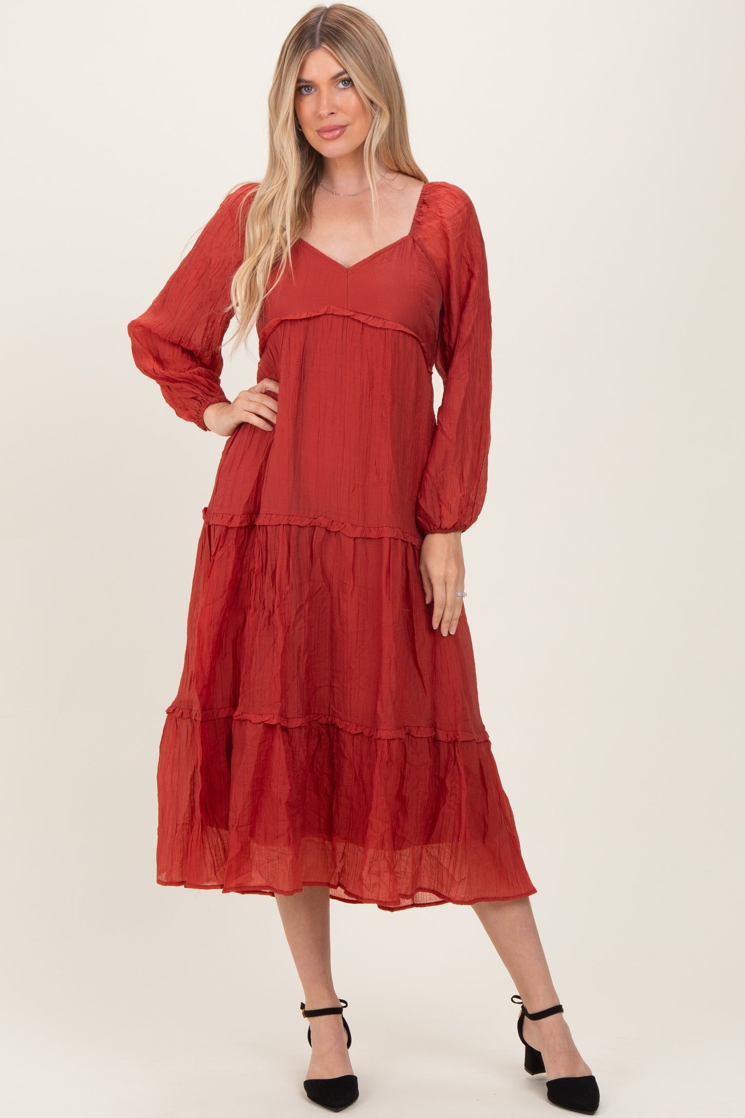 Rust Ruffle Accent Tiered Long Sleeve Maxi Dress