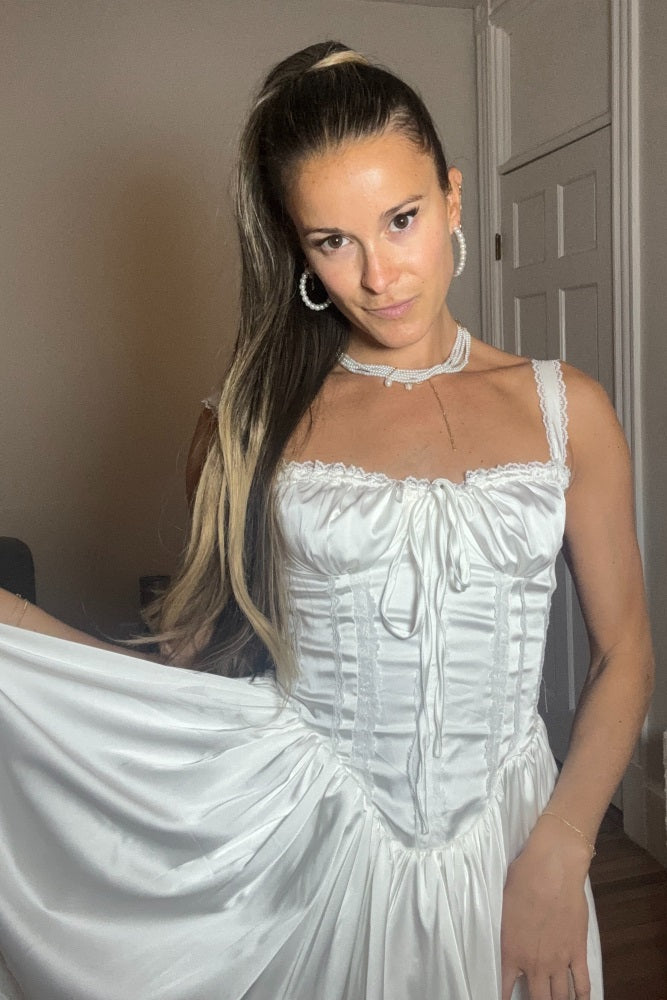 Ivory Satin Corset Shape Lace Trim Flare Mini Dress PinkBlush Ivory Satin Corset Shape Lace Trim Flare Mini Dress PinkBlush
