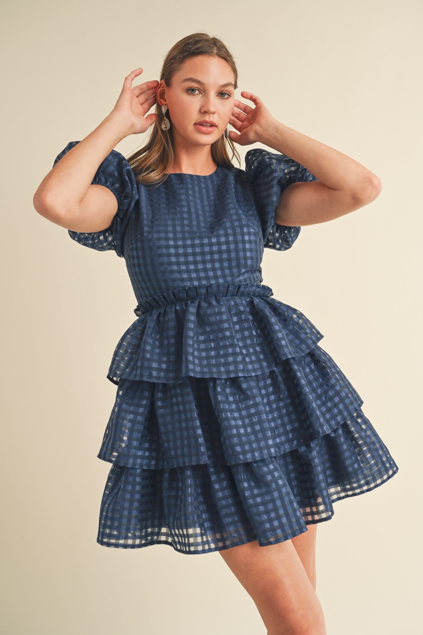ruffle layered mini dress Navy Puff Sleeve Tiered Layer Mini Dress