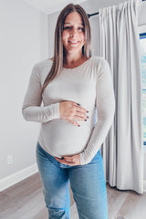 Beige Ruched Long Sleeve Maternity Top
