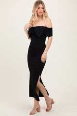 Black Bow Detail Off Shoulder Side Slit Midi Dress