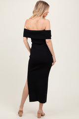 Black Bow Detail Off Shoulder Side Slit Midi Dress