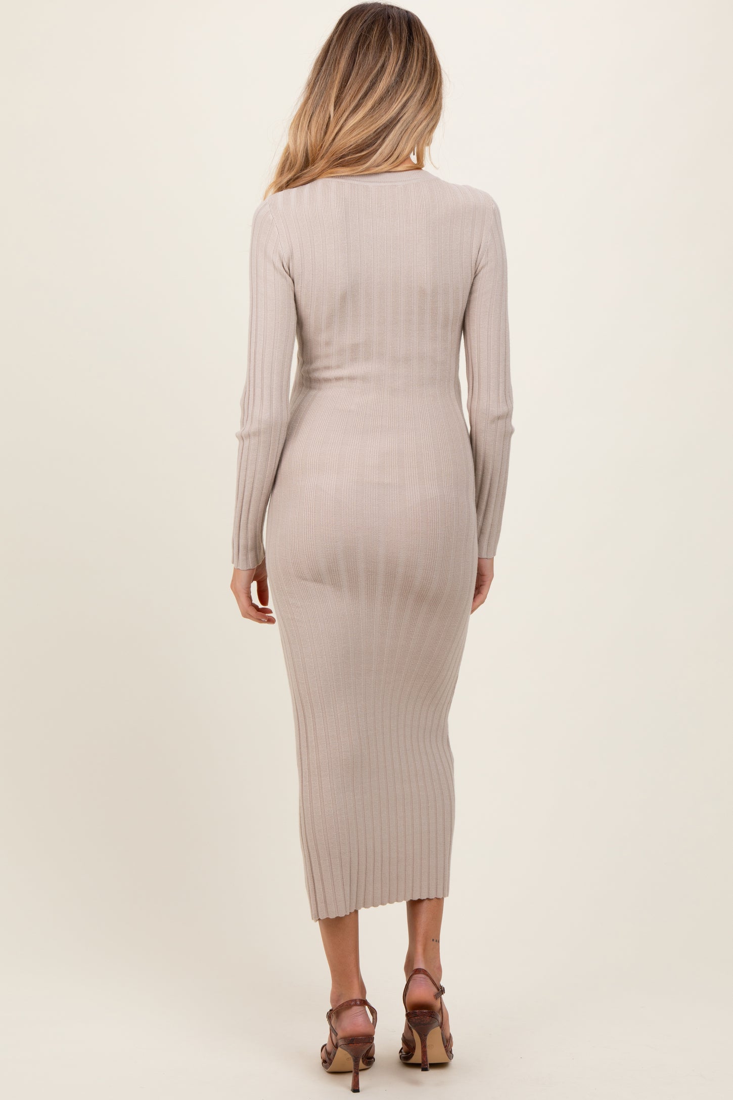 Beige Ribbed Knit Fitted Maternity Midi Sweater Dress PinkBlush Beige Ribbed Knit Fitted Maternity Midi Sweater Dress PinkBlush