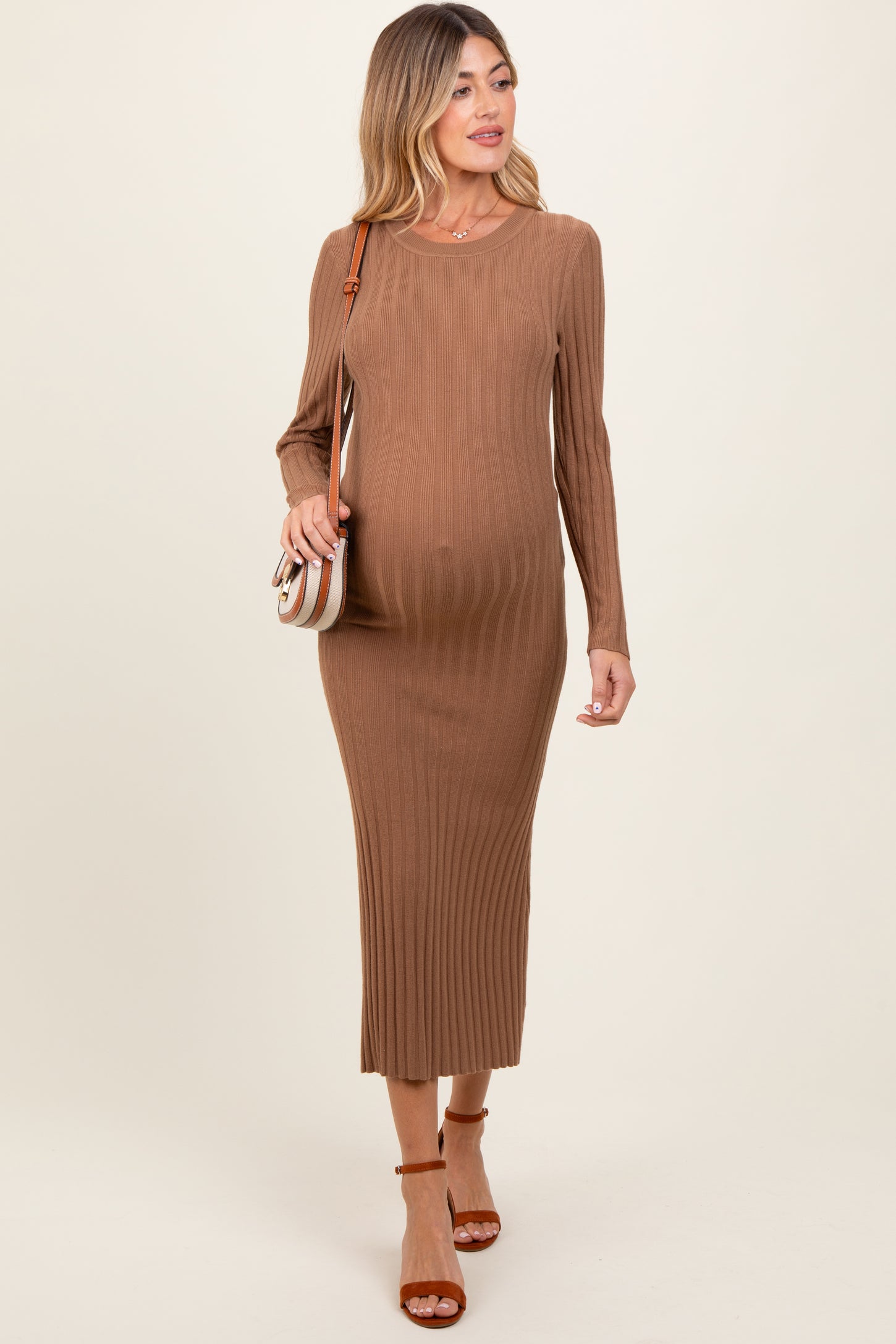 Mocha Ribbed Knit Fitted Maternity Midi Sweater Dress PinkBlush Mocha Ribbed Knit Fitted Maternity Midi Sweater Dress PinkBlush