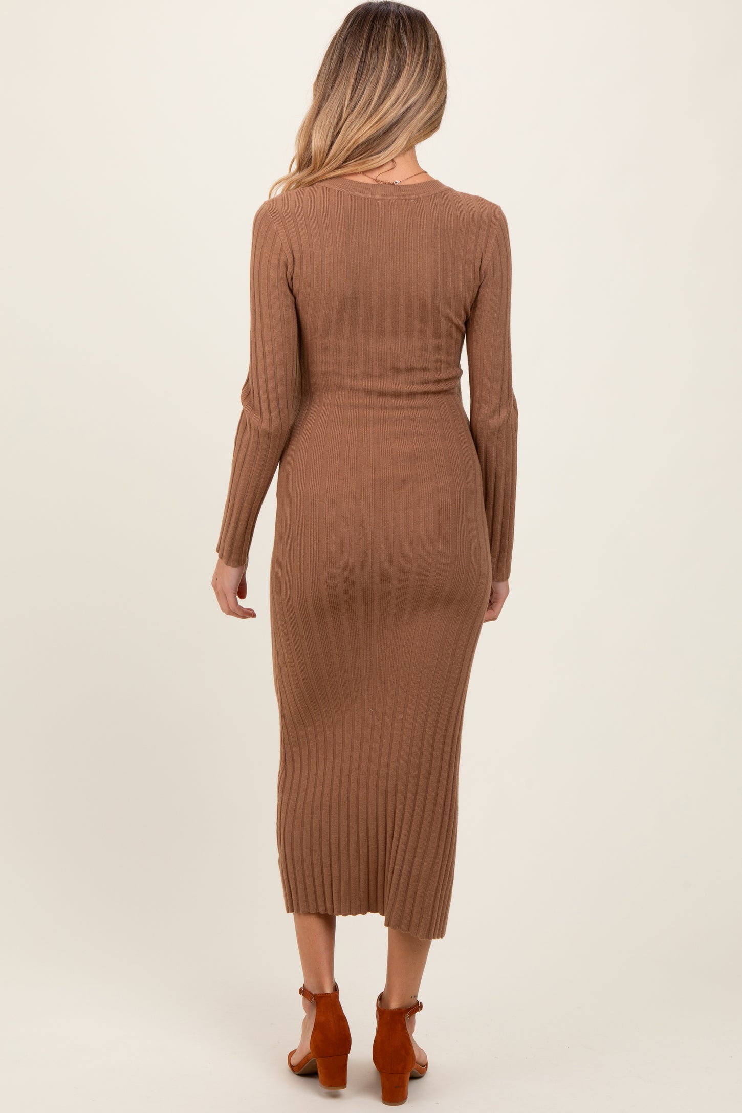Mocha Ribbed Knit Fitted Maternity Midi Sweater Dress Mocha Ribbed Knit Fitted Maternity Midi Sweater Dress
