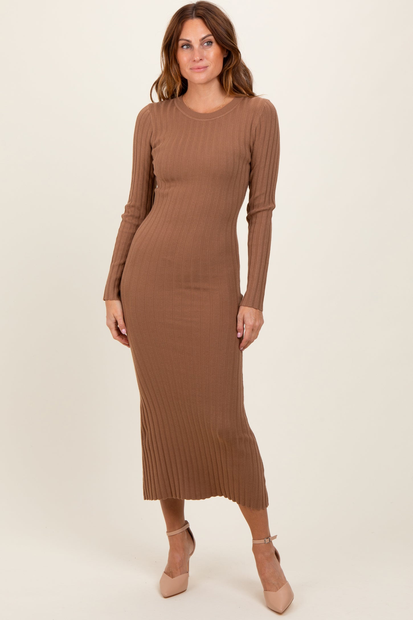 mocha knit dress Mocha Striped Knit Midi Dress