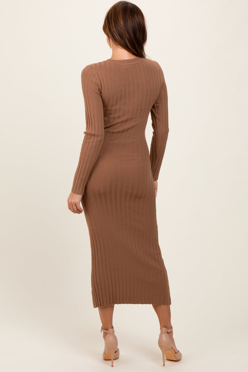 Mocha Ribbed Knit Fitted Midi Sweater Dress Mocha Ribbed Knit Fitted Midi Sweater Dress
