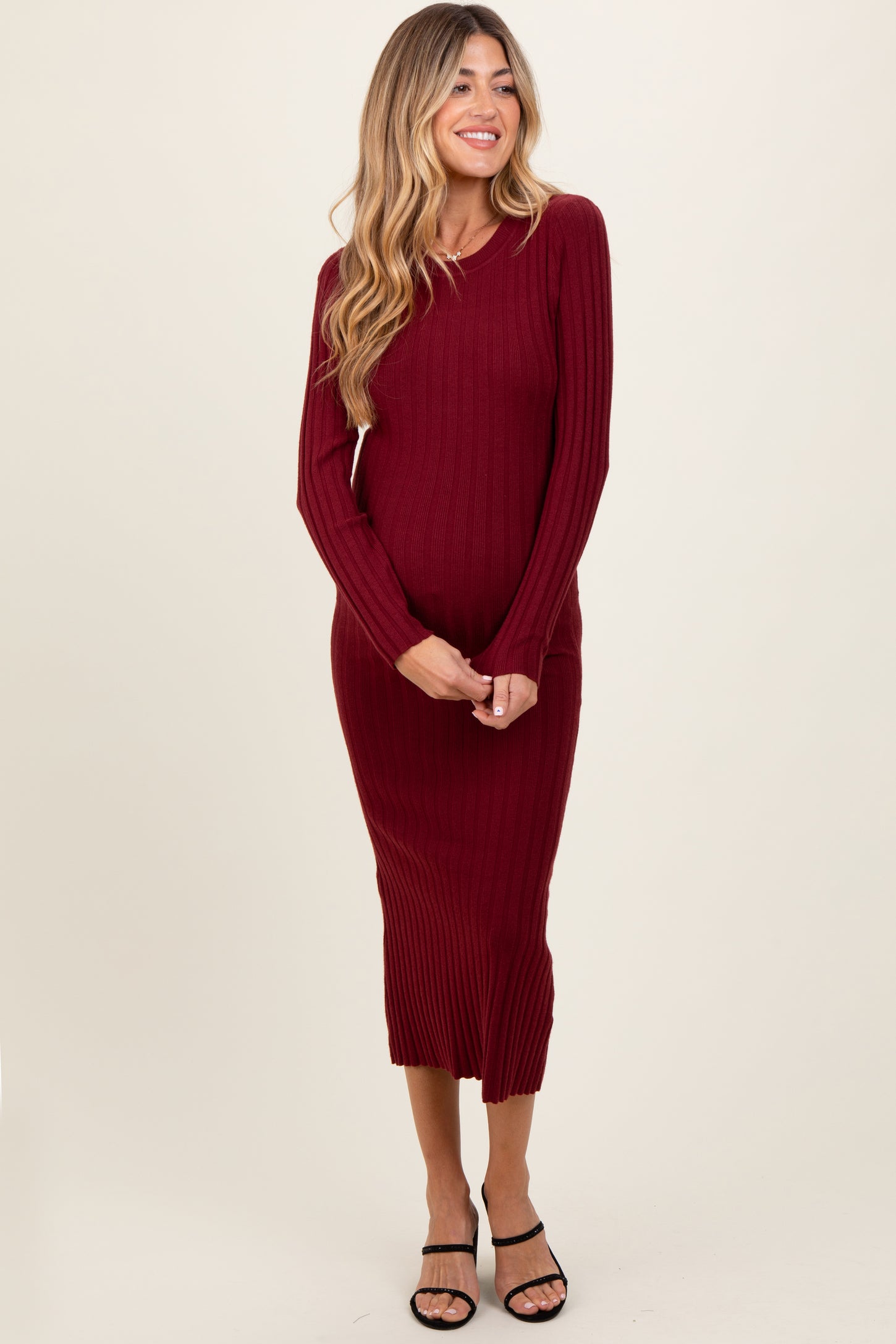 Burgundy Ribbed Knit Fitted Maternity Midi Sweater Dress PinkBlush Burgundy Ribbed Knit Fitted Maternity Midi Sweater Dress PinkBlush
