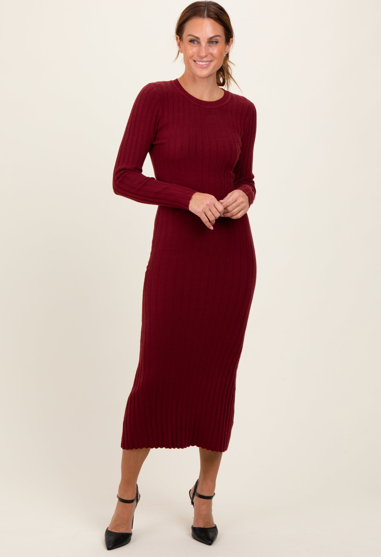 Burgundy Ribbed Knit Fitted Midi Sweater Dress Burgundy Ribbed Knit Fitted Midi Sweater Dress